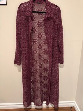Eyeshadow Burgundy Crochet Duster Cardigan Large Floral Lace Long Open Front